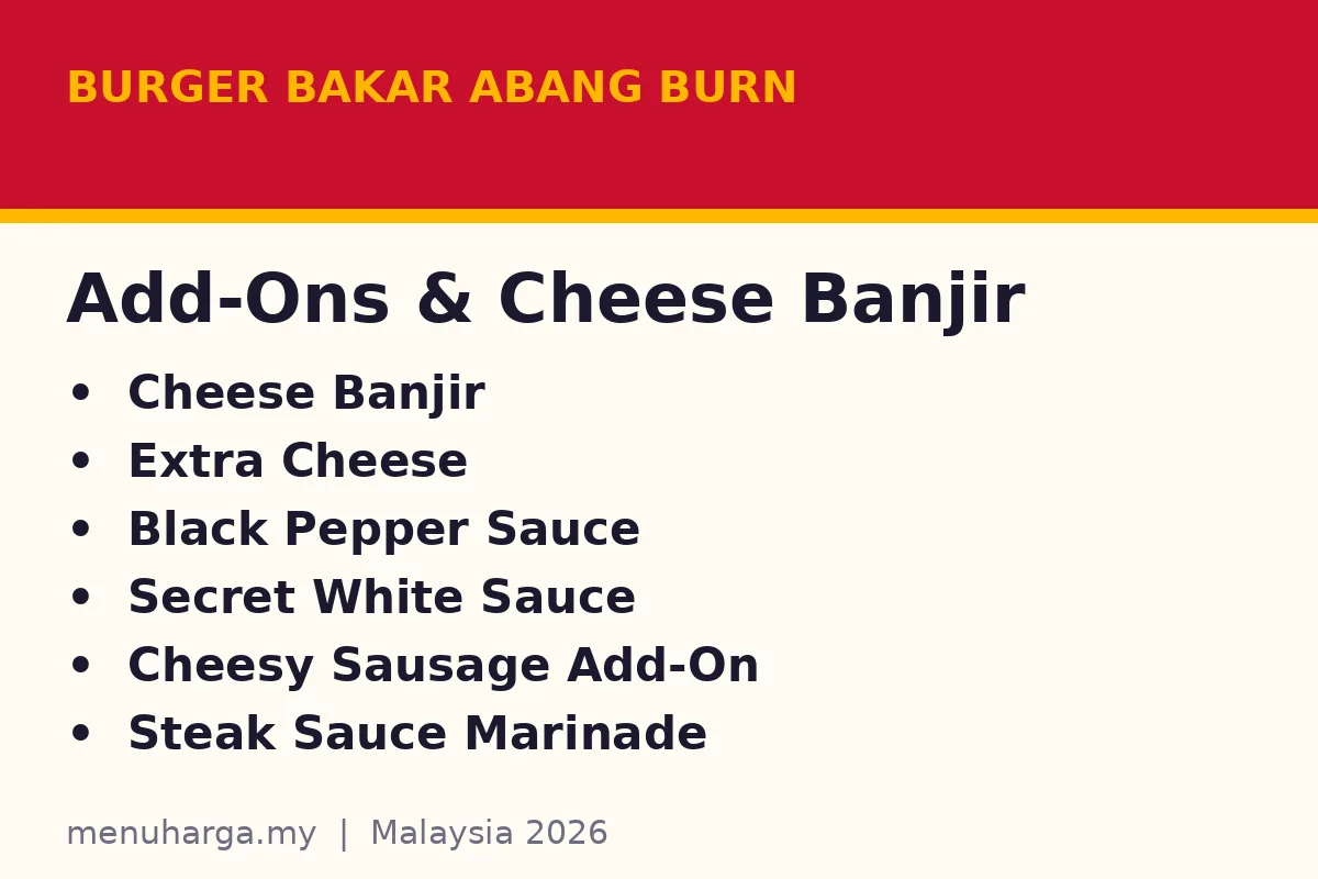Burger Bakar Abang Burn add-ons and cheese banjir card