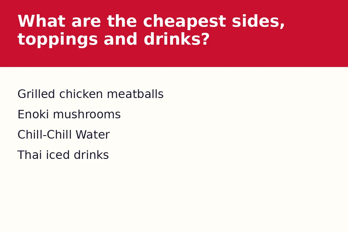 What are the cheapest sides, toppings and drinks?