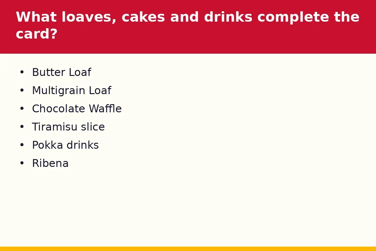 What loaves, cakes and drinks complete the card?