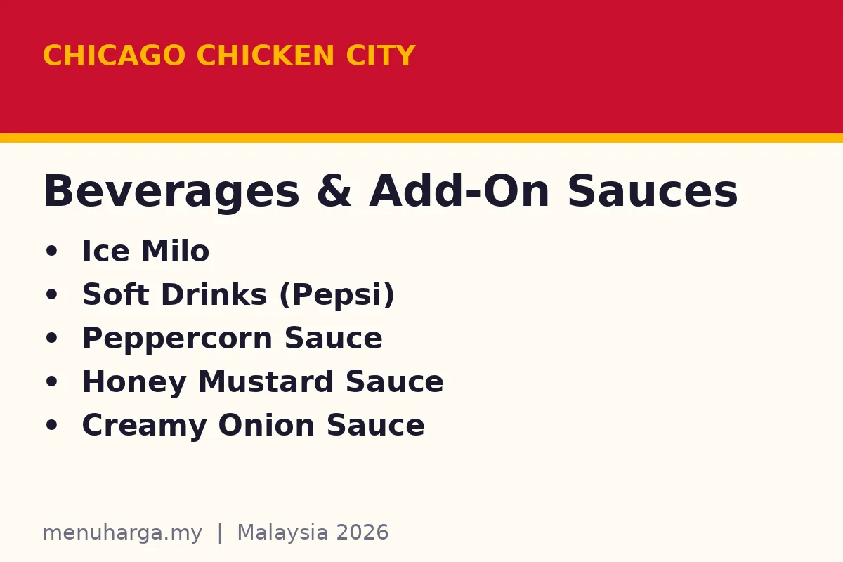 What drinks and add-on sauces does Chicago Chicken City have?