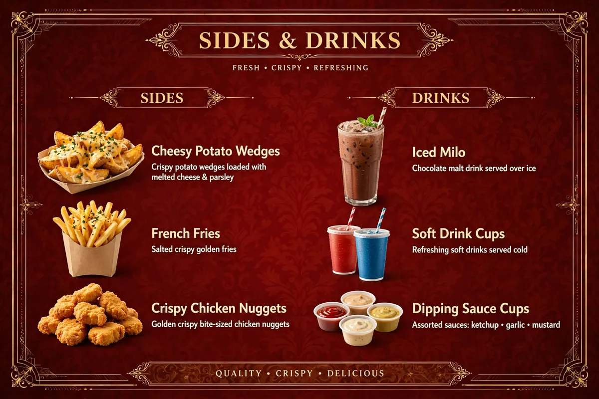 What sides, drinks and sauces are on the menu card?