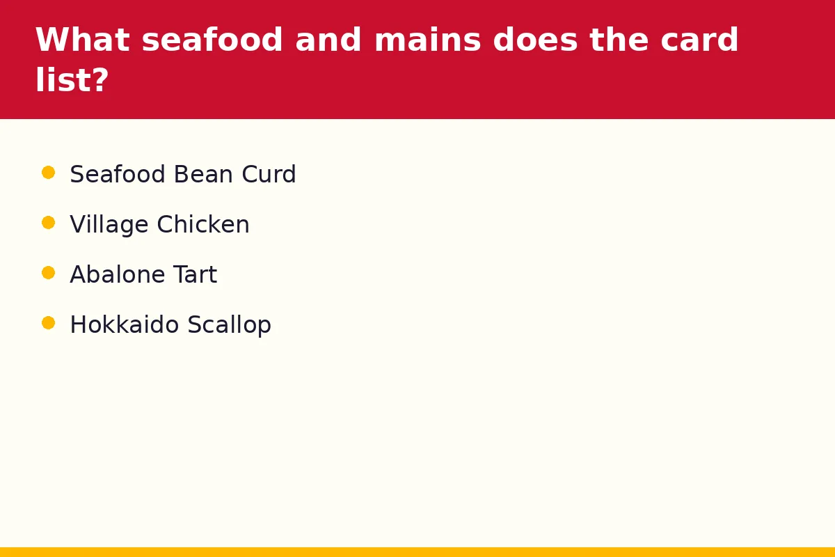 What seafood and mains does the card list?