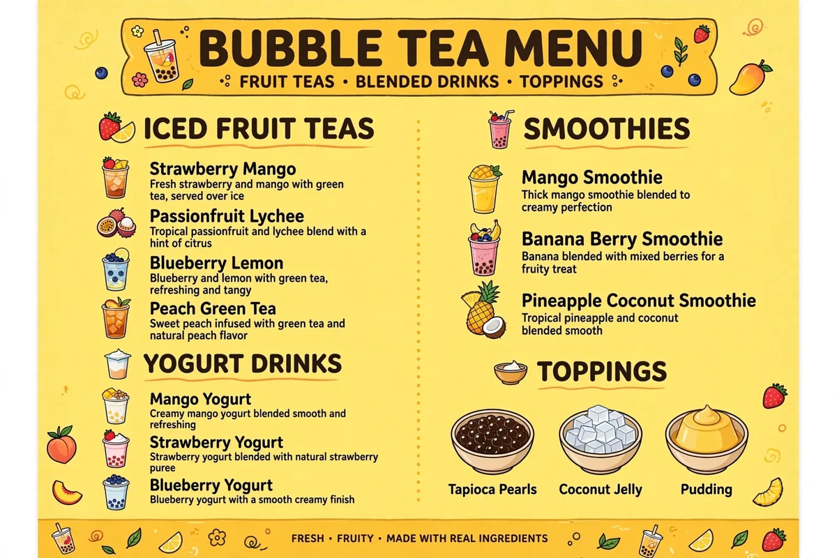 Dakasi fruit teas, blended drinks and toppings card