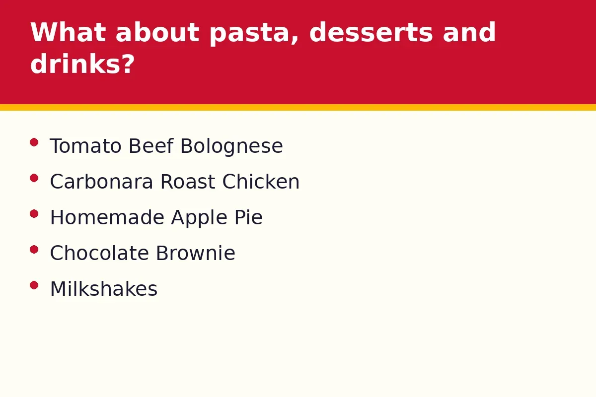 What about pasta, desserts and drinks?