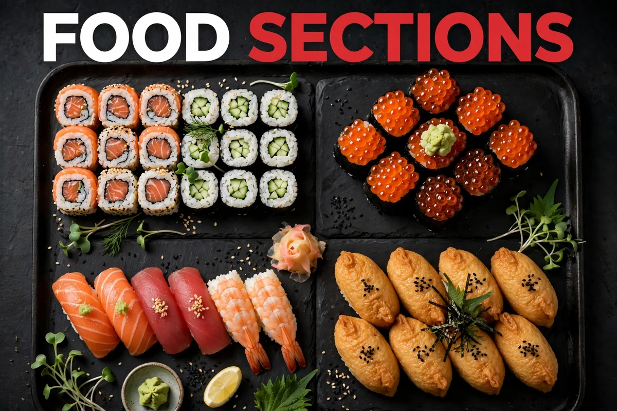 What food sections are on the Empire Sushi menu card?