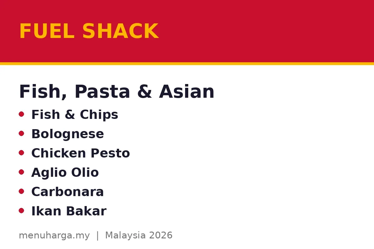 What fish, pasta and Asian dishes are on the Fuel Shack menu?