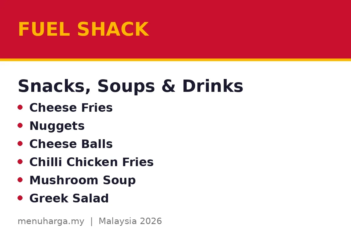 What snacks, soups, salads and drinks does Fuel Shack serve?