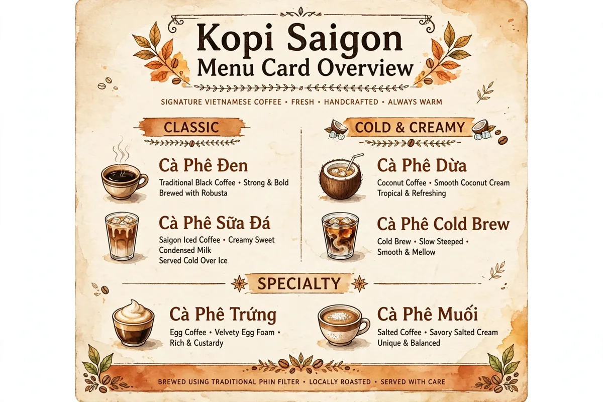 What is on the Kopi Saigon menu card?