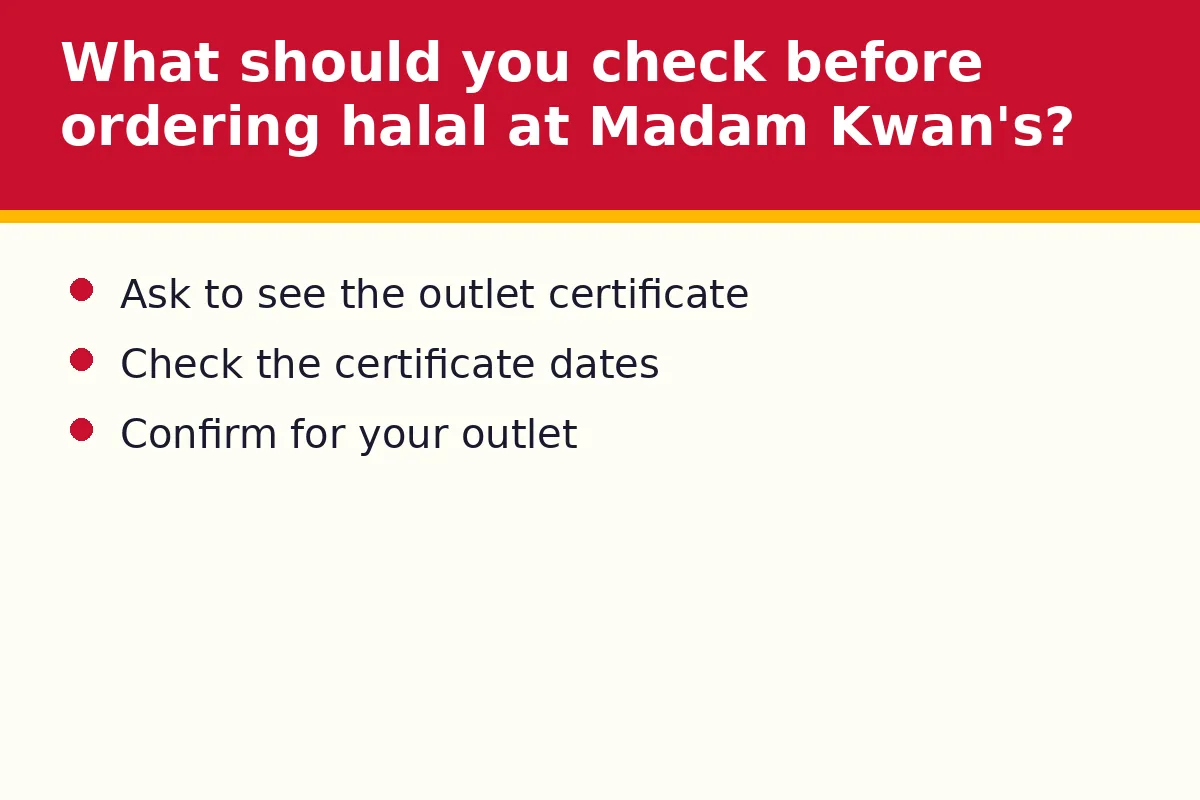 What should you check before ordering halal at Madam Kwan's?