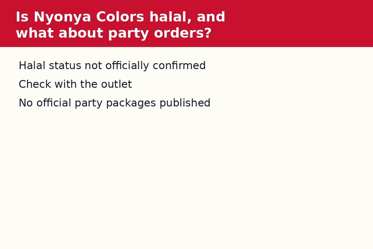 Is Nyonya Colors halal, and what about party orders?