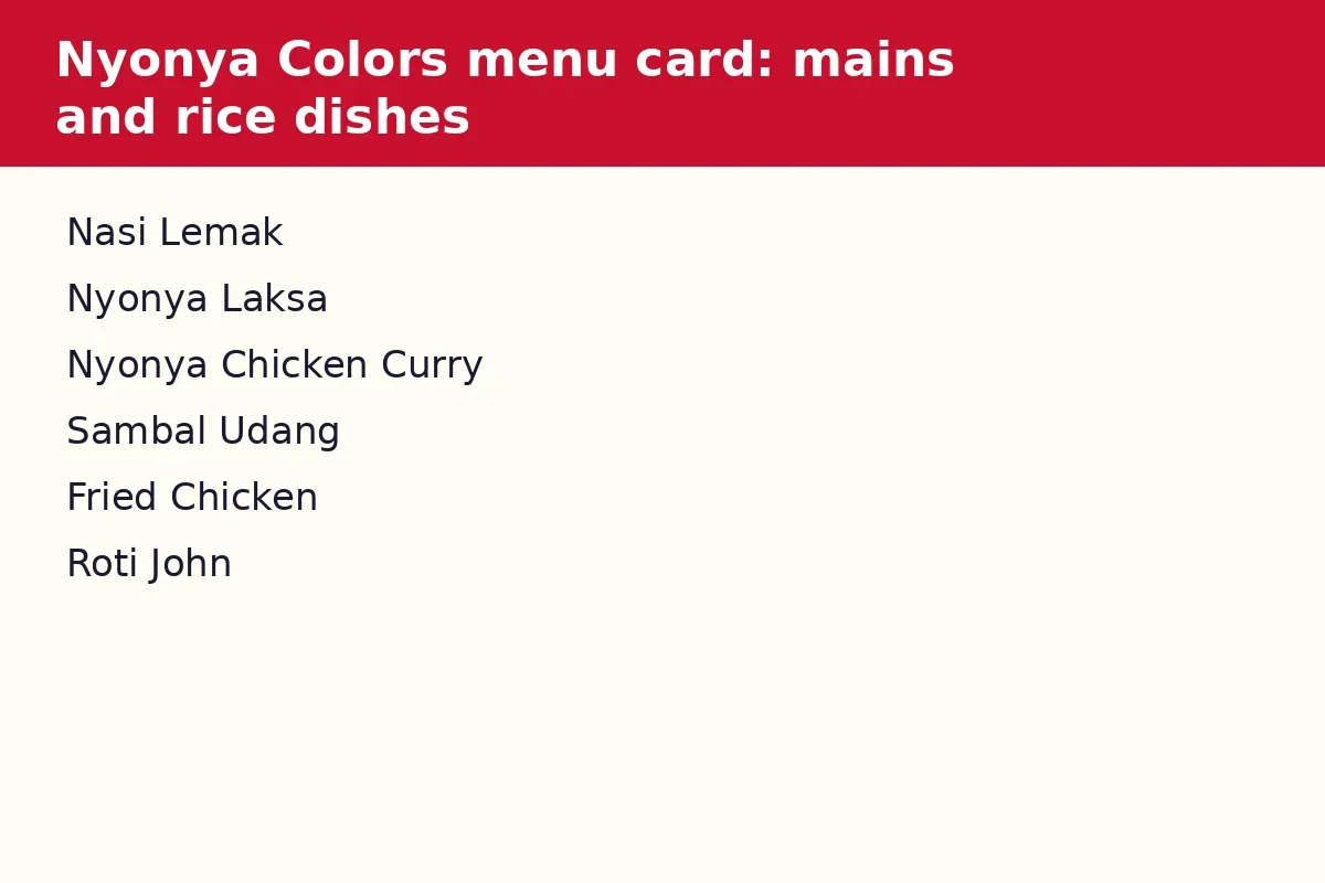 Nyonya Colors menu card: mains and rice dishes