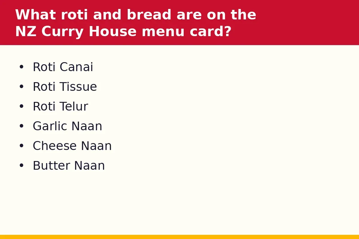 What roti and bread are on the NZ Curry House menu card?