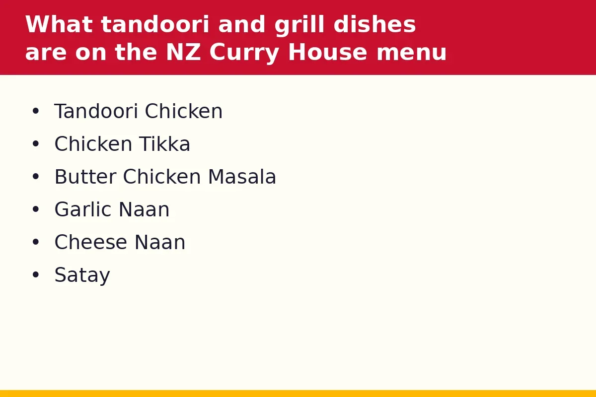 What tandoori and grill dishes are on the NZ Curry House menu card?