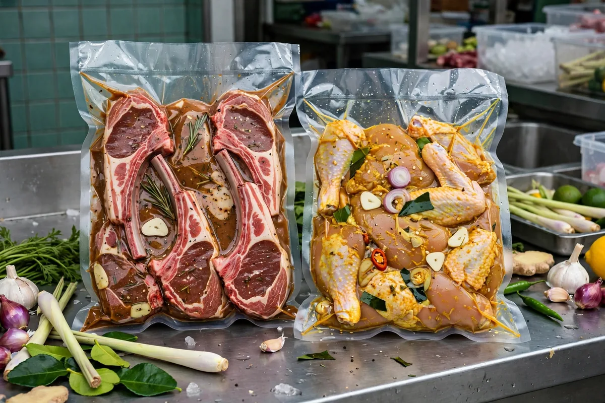 What frozen and marinated packs are on the menu card?